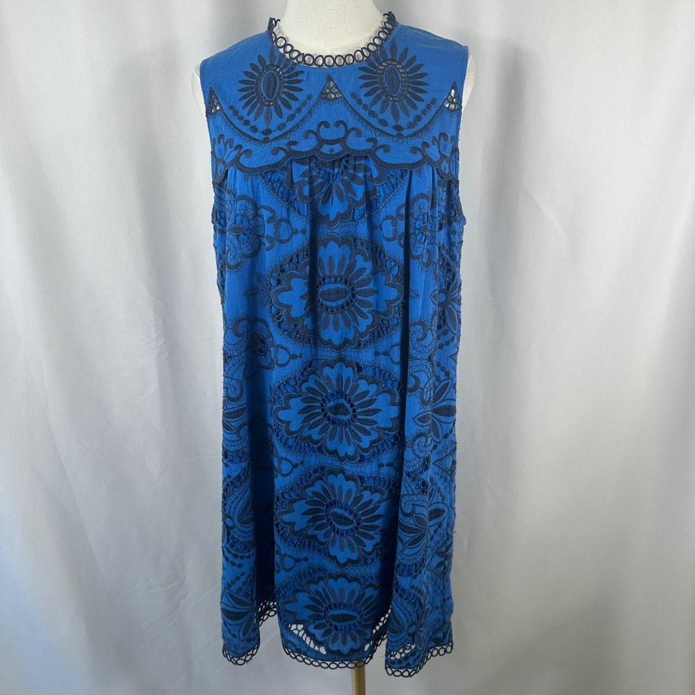 Sea New York Shift Dress Women 10 Blue Boho Eyelet Lace Embroidered Sleeveless